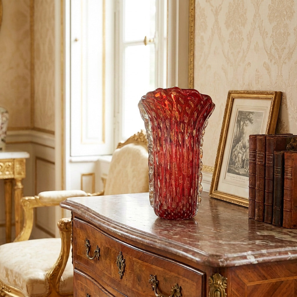 Vibrant Ruby Red Barovier Murano Vase