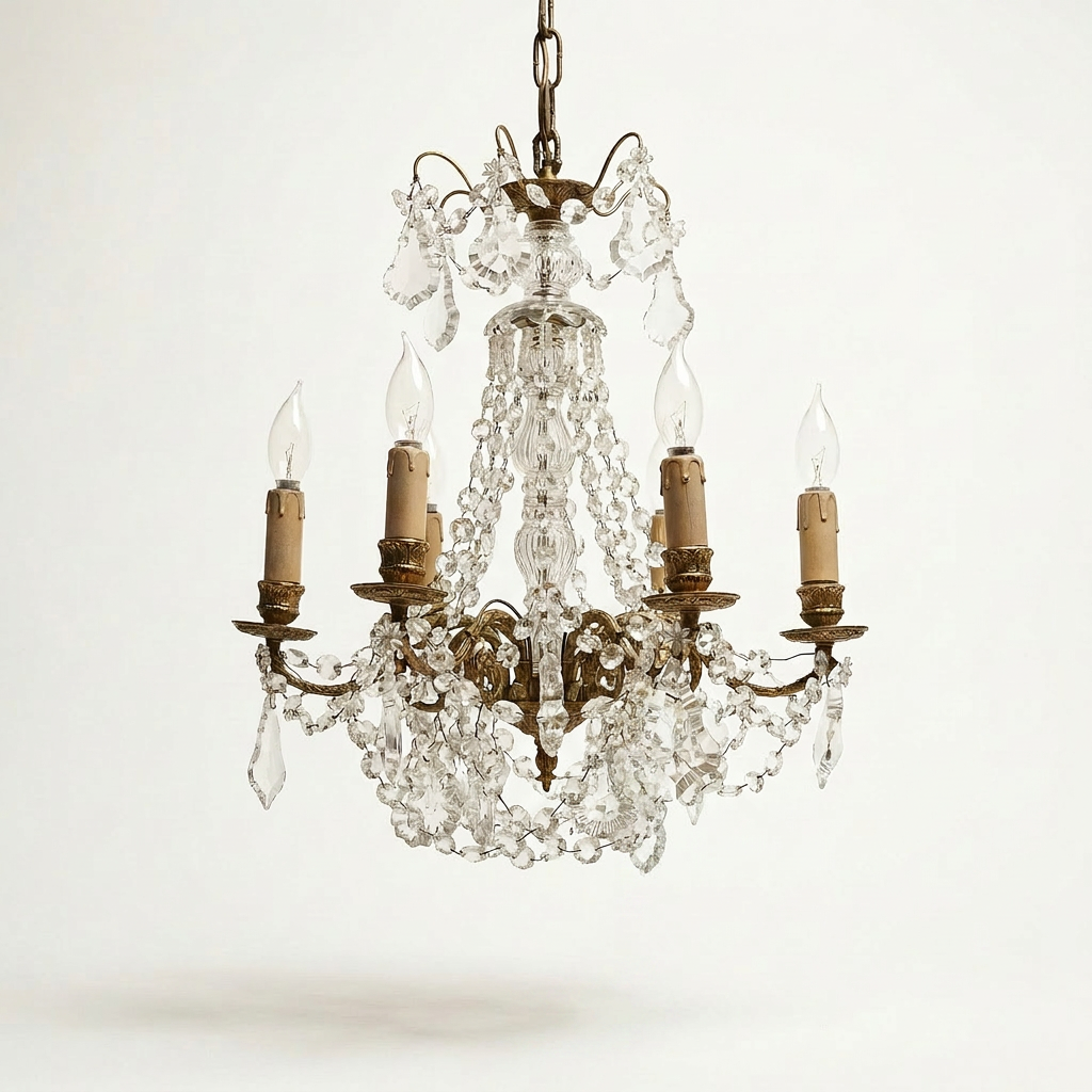 Antique French Bronze and Crystal Chandelier with Star Crystals