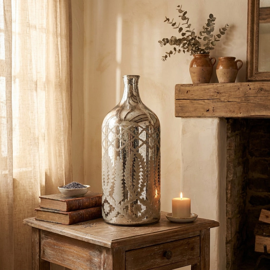 Etched Mercury Glass Bottle Vase