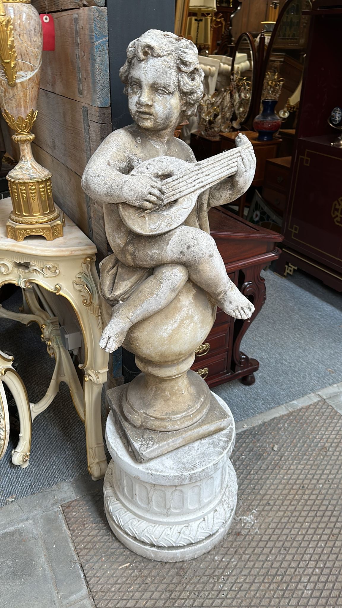 French Cast Stone Cherub Playing Banjo on Plinth