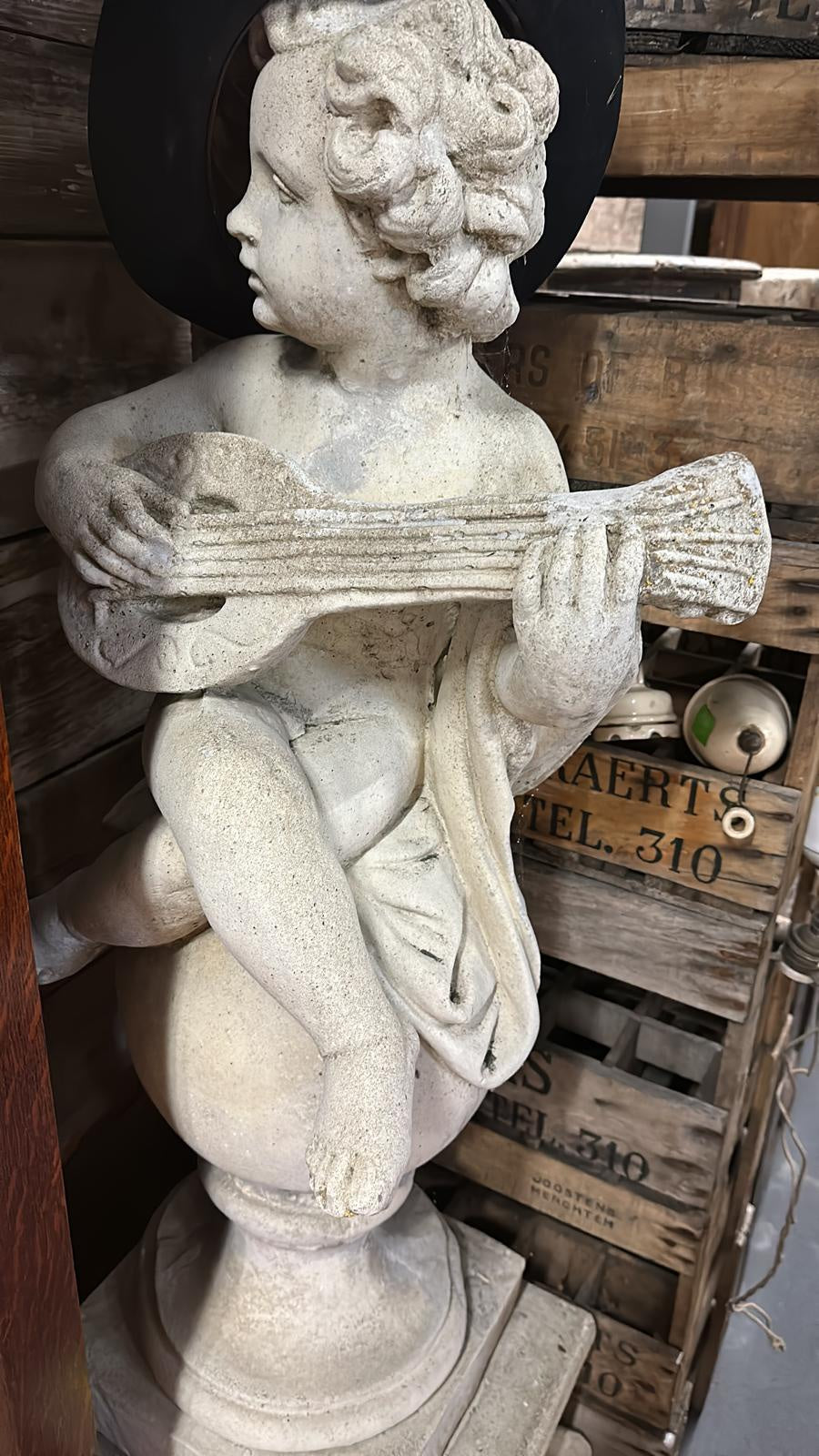 French Cast Stone Cherub Playing Mandolin on Plinth