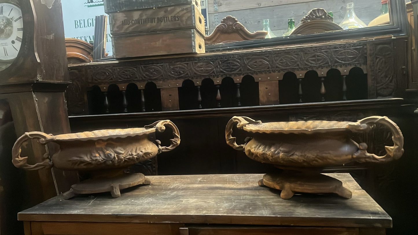 Pair of Vintage Footed French Iron Urns with Roses