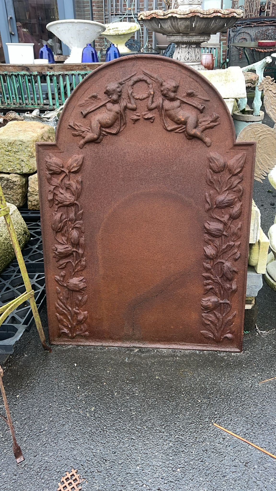 Antique Cast Iron Garden Decoration with Angels & Floral Motif