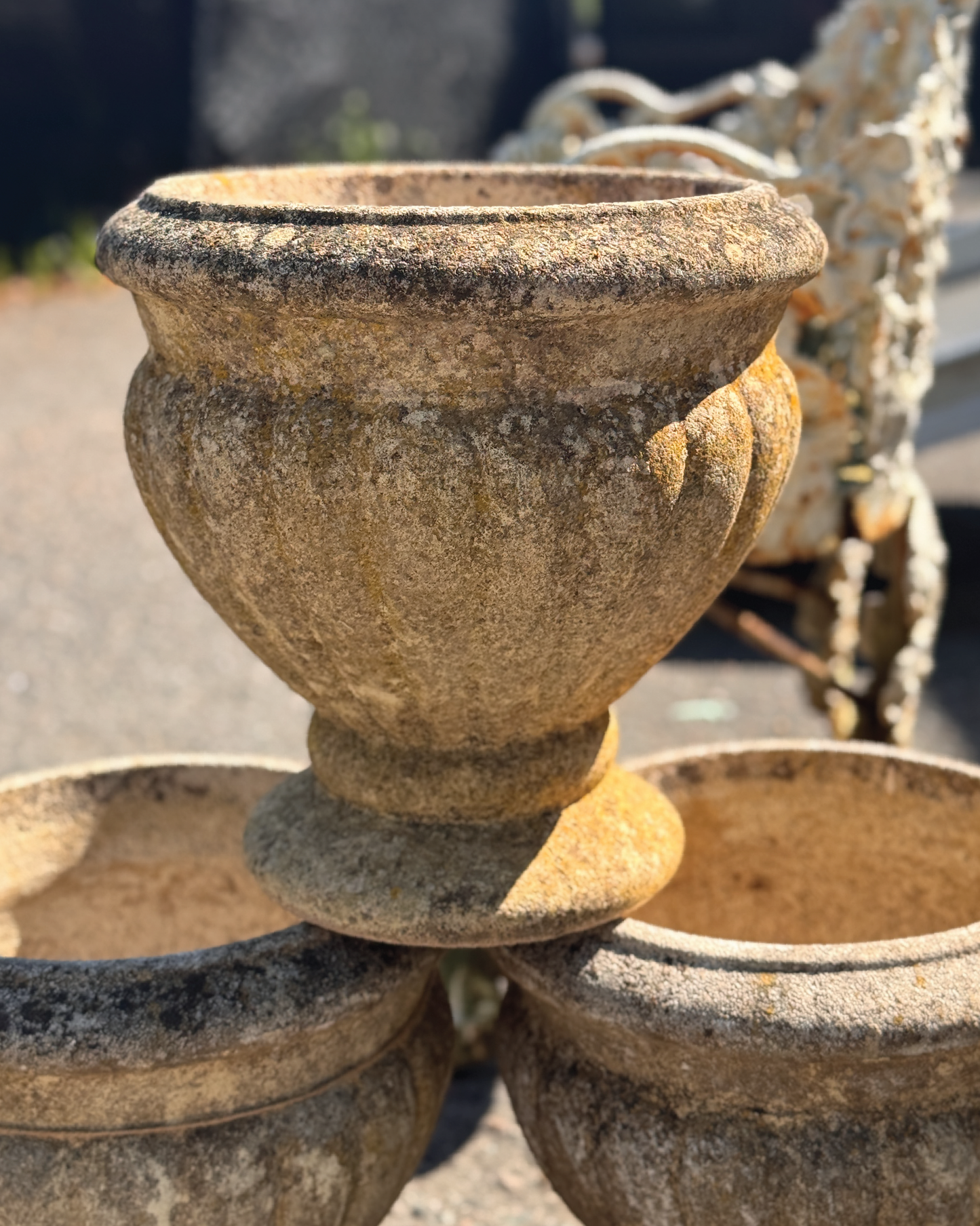 Set of 3 Vintage French Ribbed Cast Stone Footed Planters