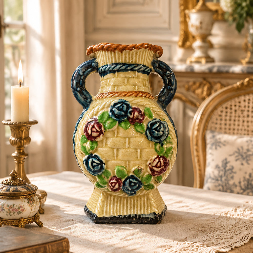Basketweave Majolica Vase