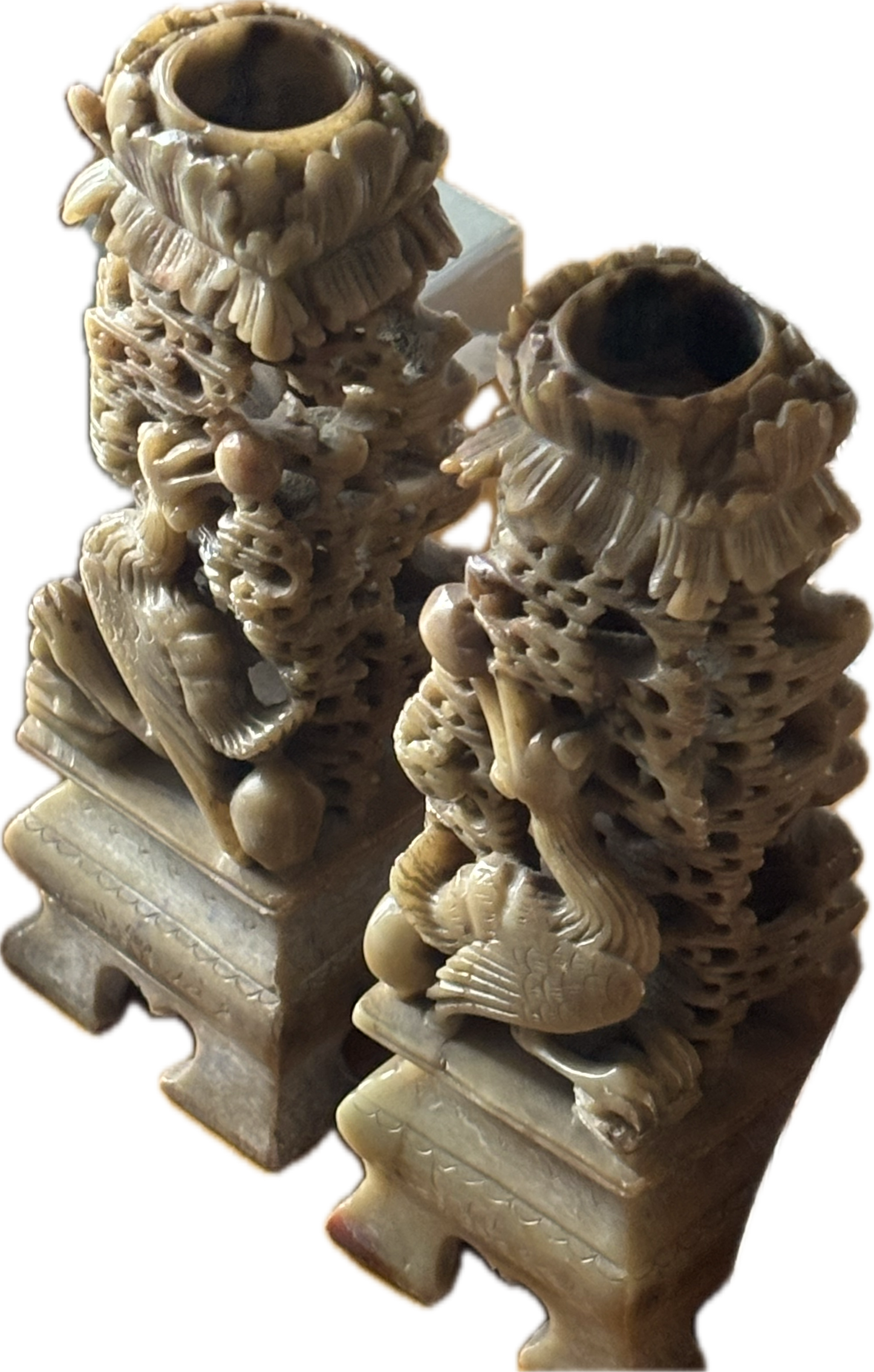 Pair of Vintage Carved Soapstone Candelabras