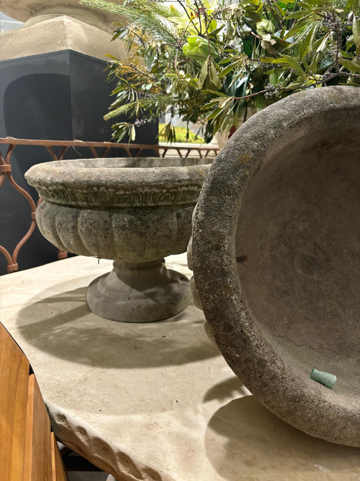 Vintage Ribbed Cast Stone Garden Urn