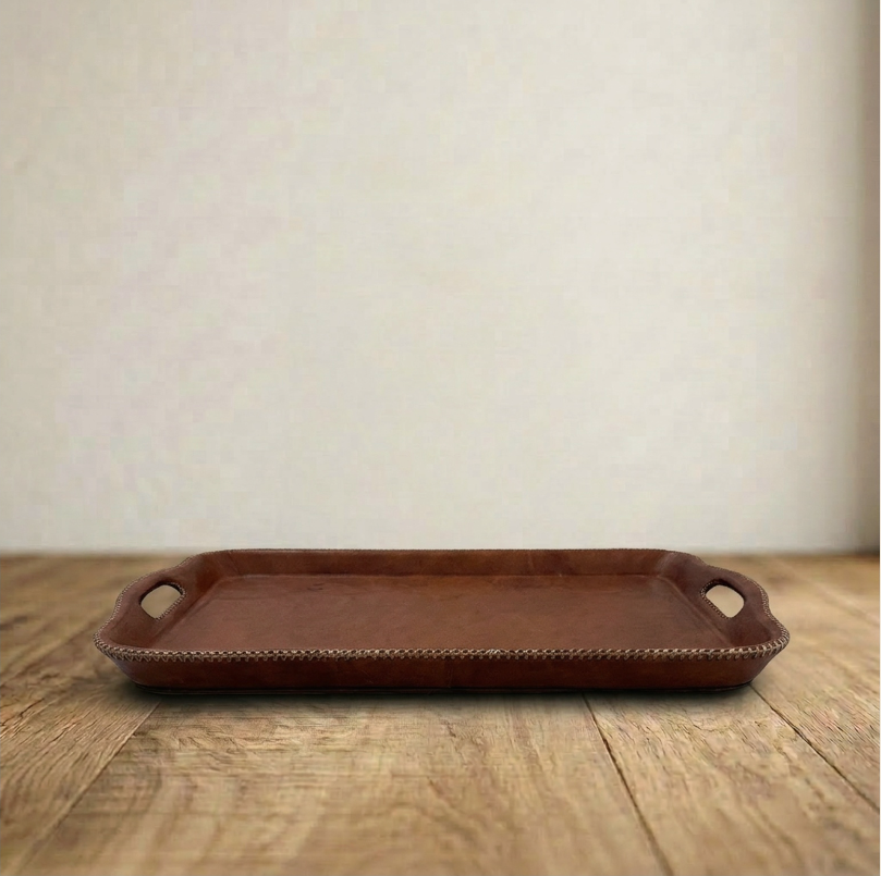 Hand Stitched Leather Tray with handles.