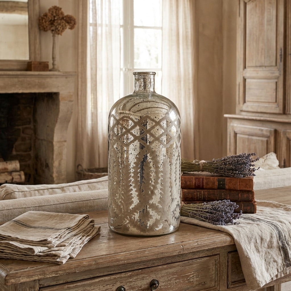 Etched Mercury Glass Bottle Vase