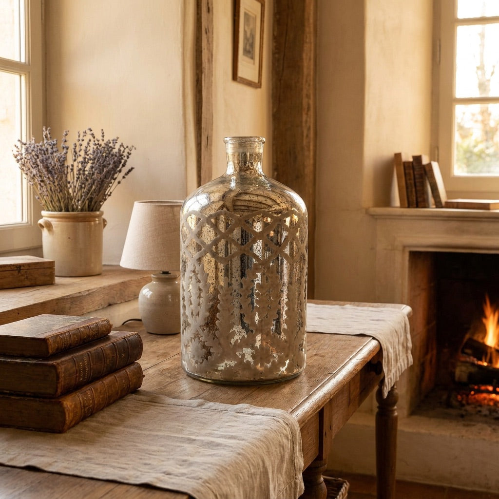 Etched Mercury Glass Bottle Vase