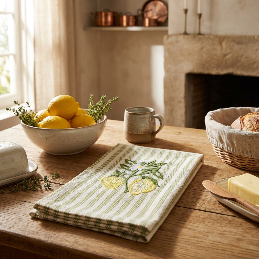 Limone Embroidered Tea Towel