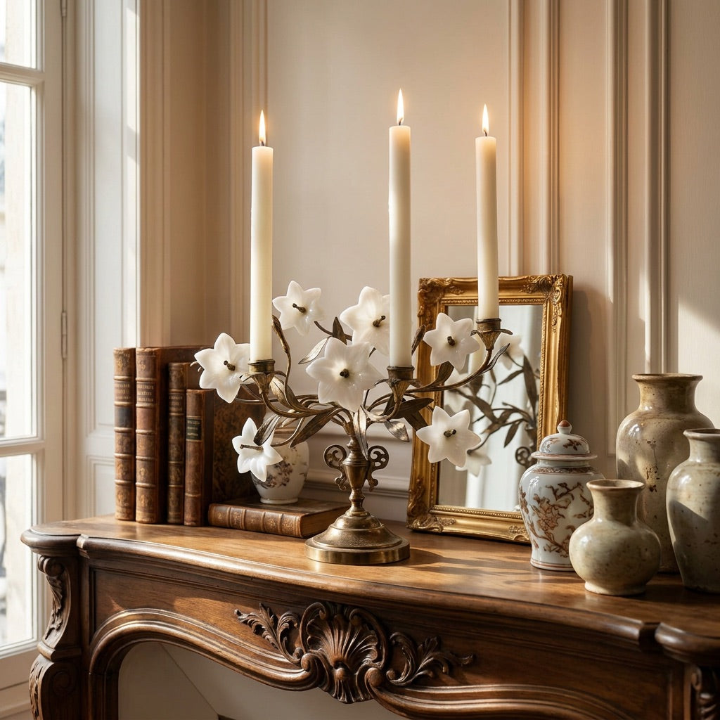 Antique French Brass Candelabra with Opaline Lily Flowers