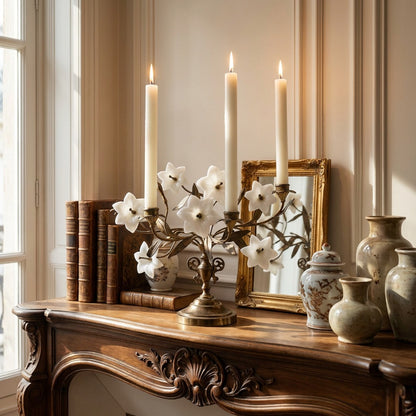 Antique French Brass Candelabra with Opaline Lily Flowers