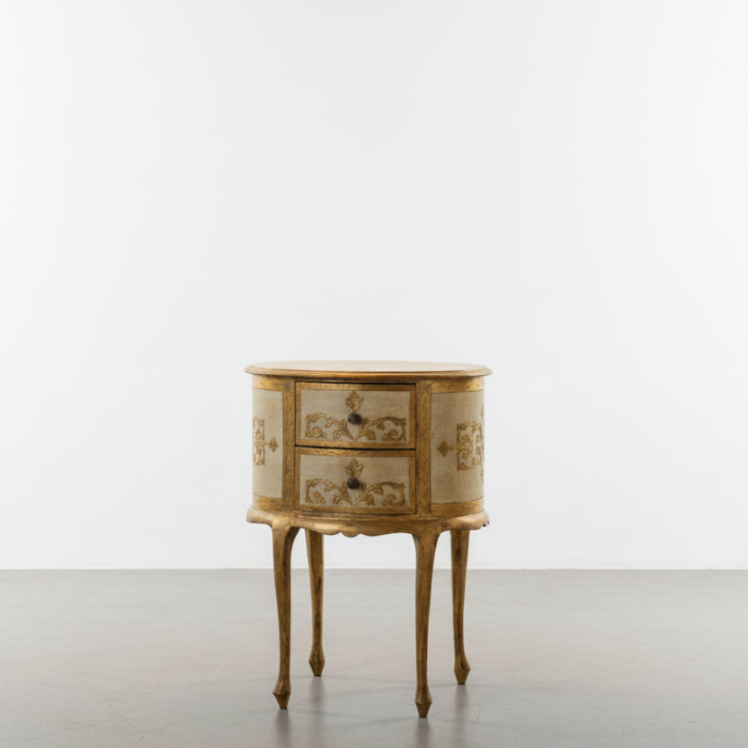 Vintage Ivory Florentine Gilded Oval Side Table with Two Drawers