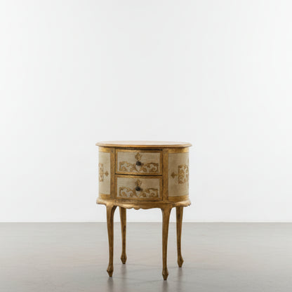 Vintage Ivory Florentine Gilded Oval Side Table with Two Drawers