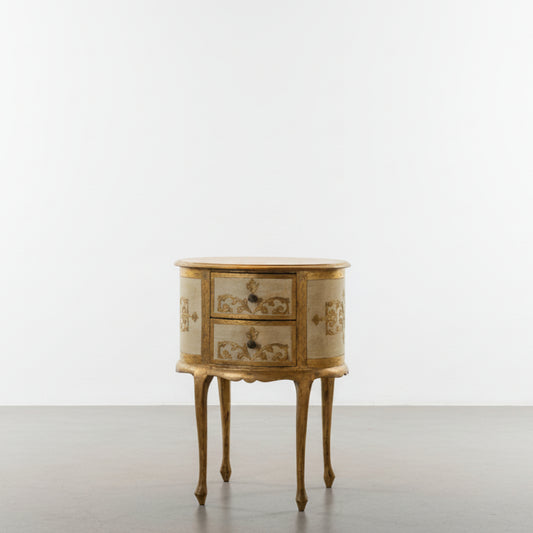Vintage Ivory Florentine Gilded Oval Side Table with Two Drawers