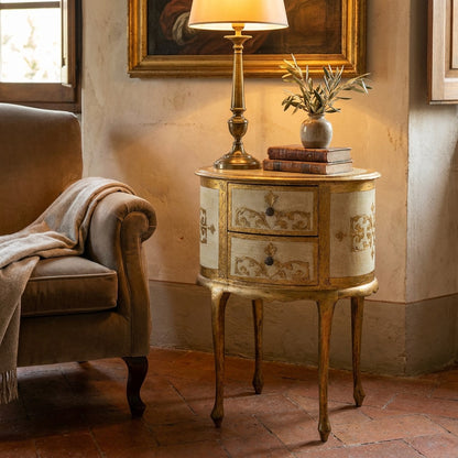 Vintage Ivory Florentine Gilded Oval Side Table with Two Drawers