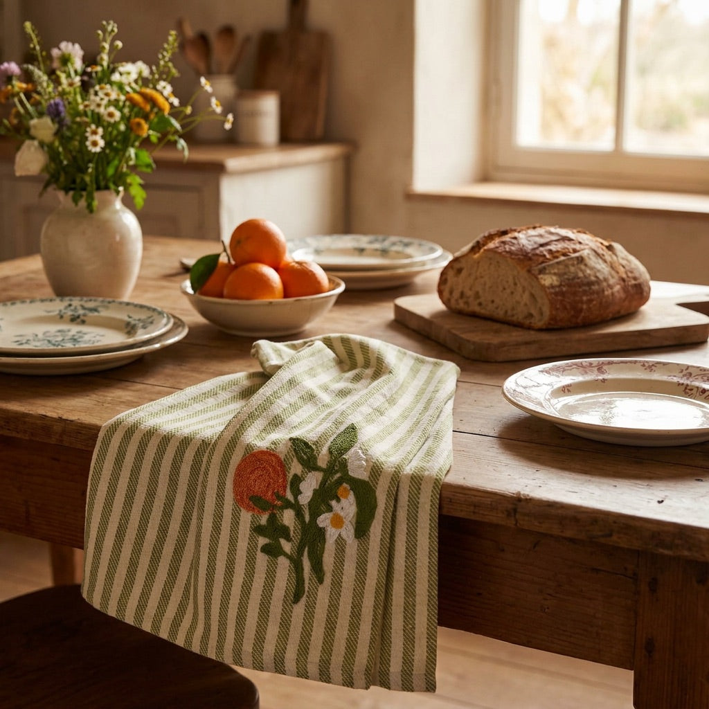 Orange Blossom Embroidered Tea Towel