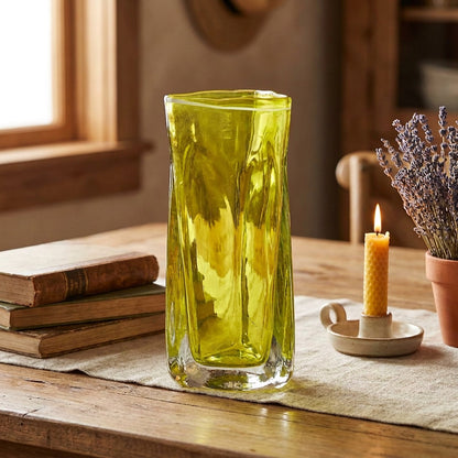 Michael Anchin Triangular Transparent Lime Yellow Glass Vase