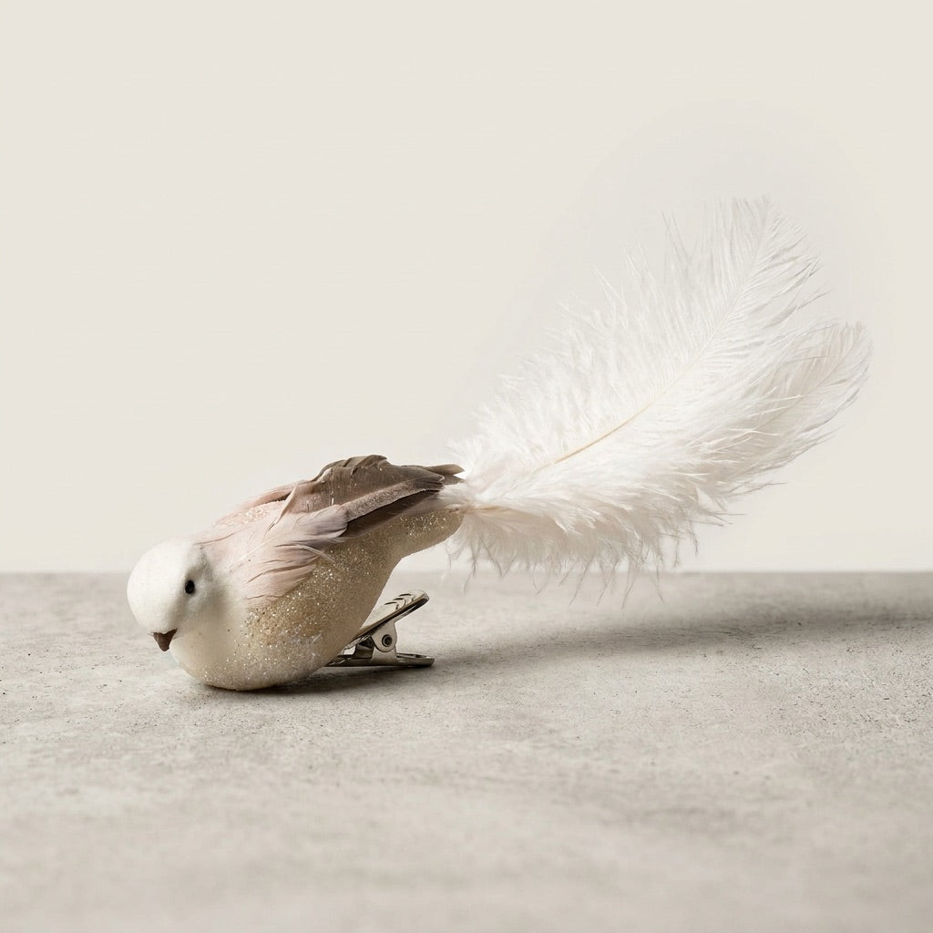 Clip-On Bird w/ Cream Ostrich Feathers