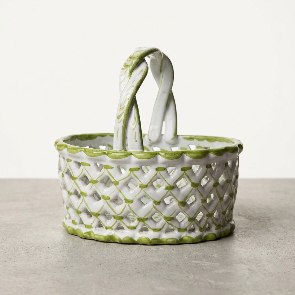 Vintage Portuguese Hand Painted Porcelain Basket