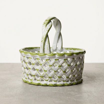 Vintage Portuguese Hand Painted Porcelain Basket