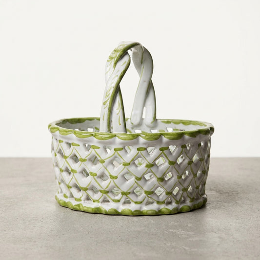 Vintage Portuguese Hand Painted Porcelain Basket