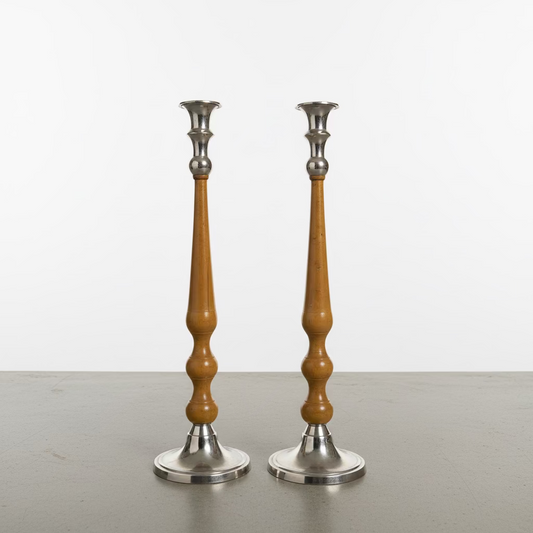 Vintage Faux Wood & Metal Candlesticks