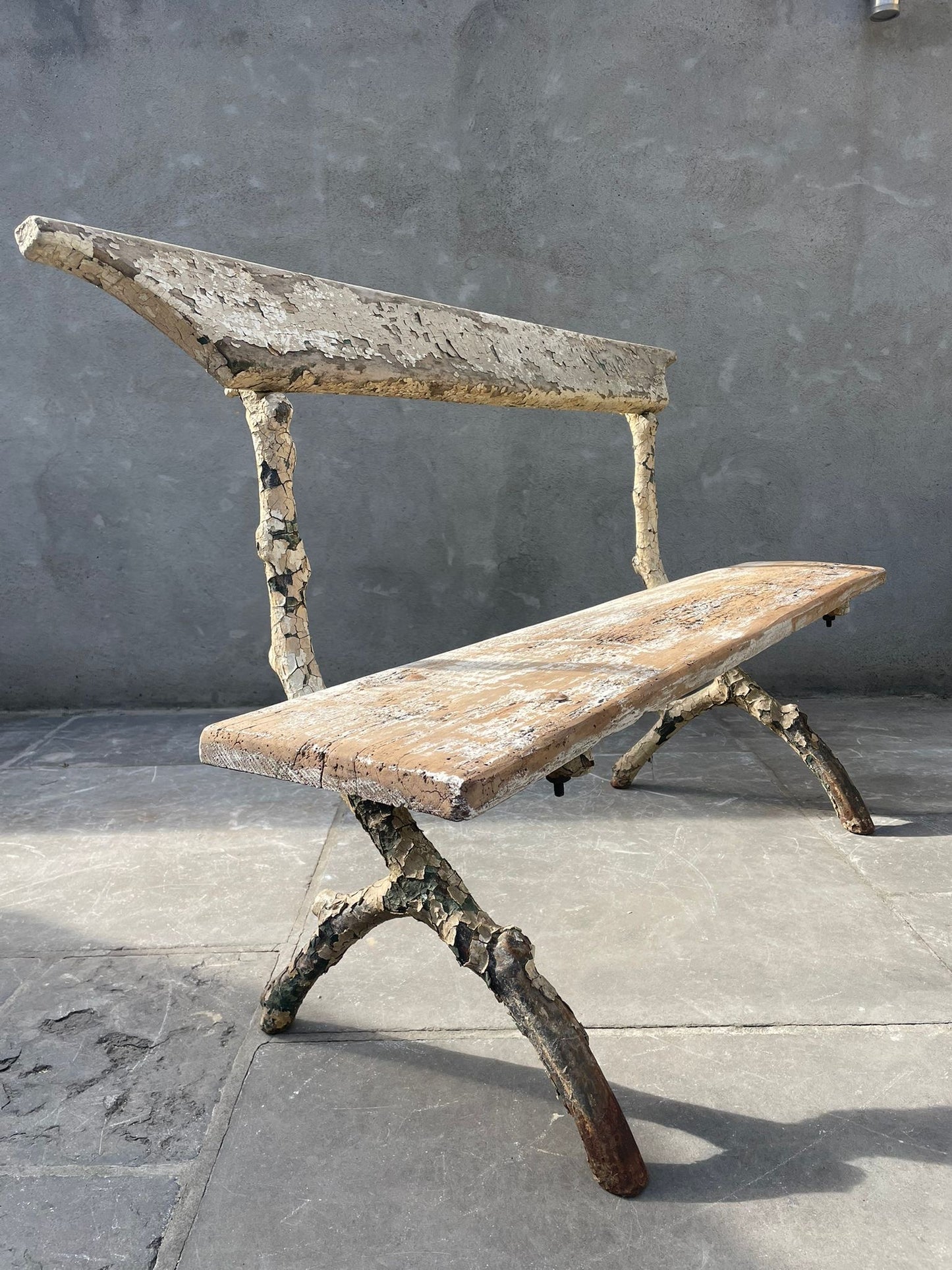 Antique French Faux Bois Garden Bench with Cast Iron Feet