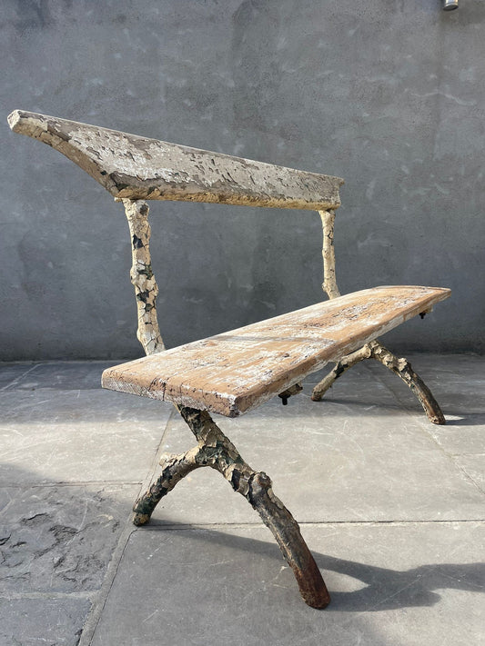 Antique French Faux Bois Garden Bench with Cast Iron Feet