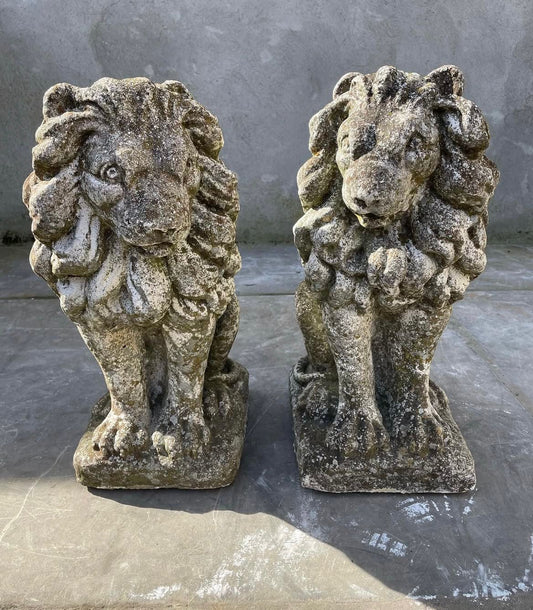 Pair of Vintage Cast Stone Garden Lions