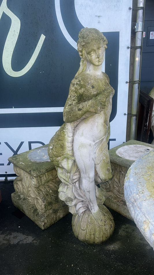 Vintage Statue of Yvette with Swan on Pedestal