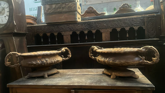 Pair of Vintage Footed French Iron Urns with Roses