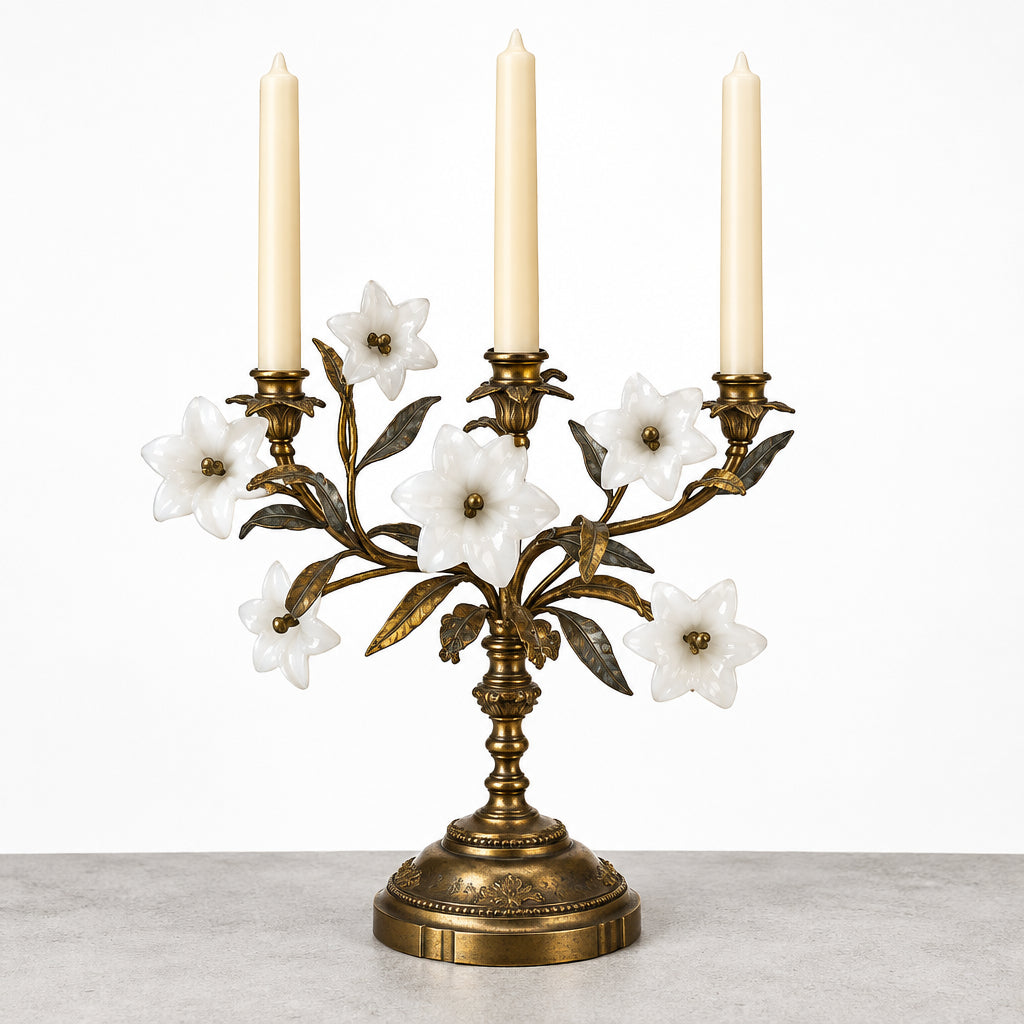 Antique French Brass Candelabra with Opaline Lily Flowers