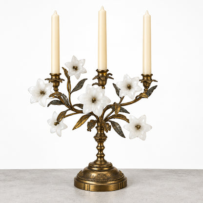 Antique French Brass Candelabra with Opaline Lily Flowers
