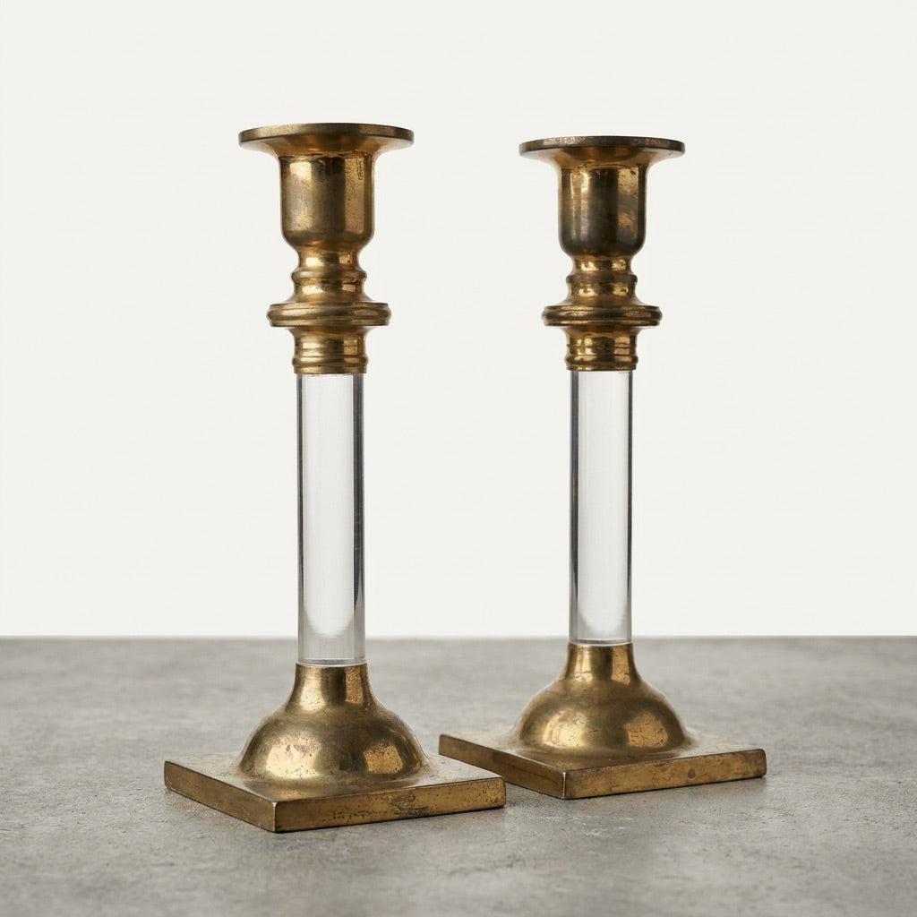 Vintage Lucite & Brass Candleholders