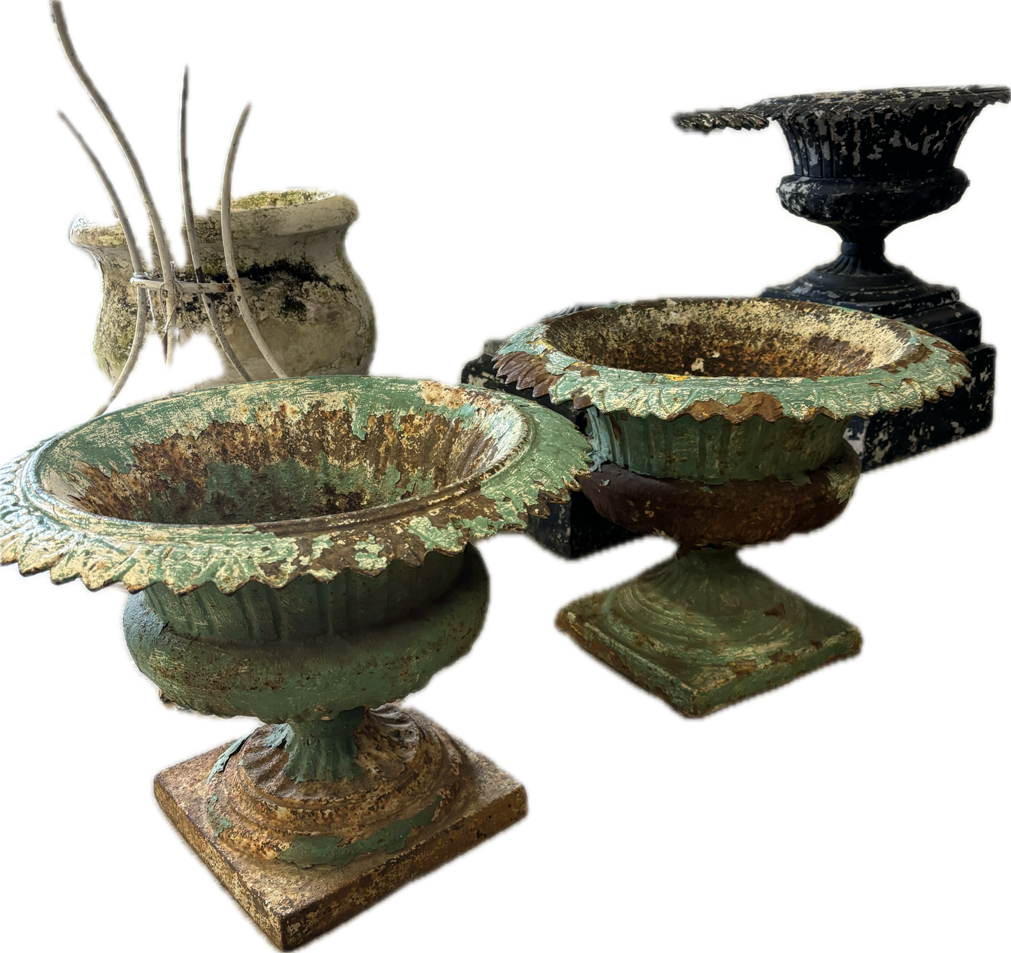 Pair of Vintage Turquoise Cast Iron Urns