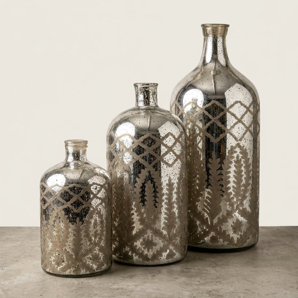 Etched Mercury Glass Bottle Vase
