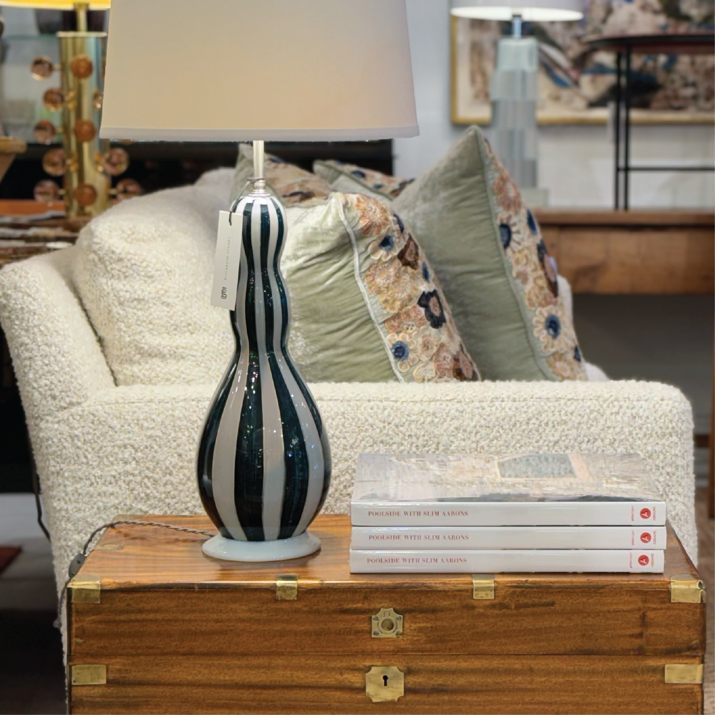 Vintage Italian Glass Striped Table Lamp with Shade