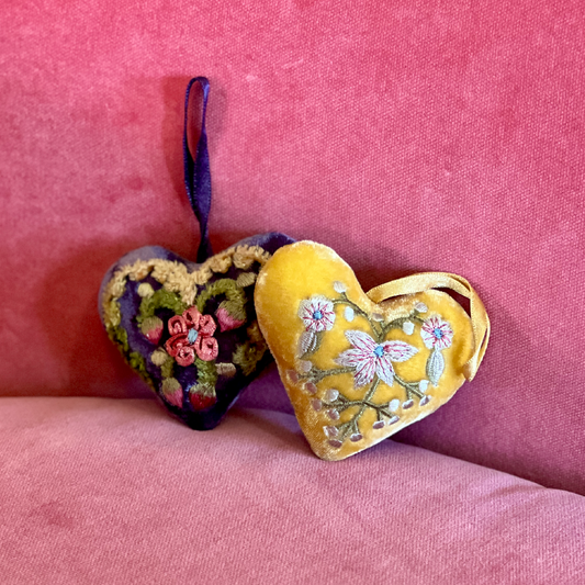 Pair of Silk Hand Embroidered Velvet Hearts