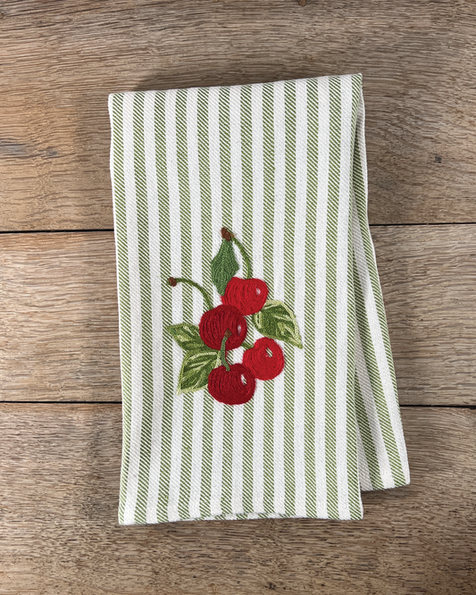 Red Cherries Embroidered Tea Towel