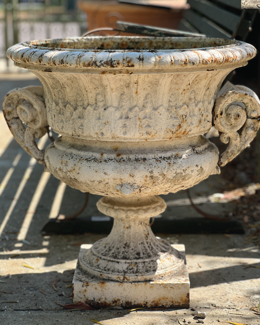 Pair of White Vintage Urns with Floral Decoration
