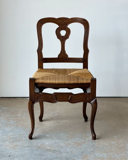 Set of 6 Vintage French Carved Wood Dining Chairs with Woven Rush Seats