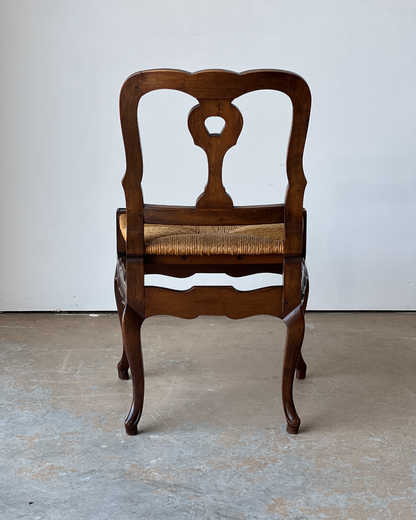 Set of 6 Vintage French Carved Wood Dining Chairs with Woven Rush Seats