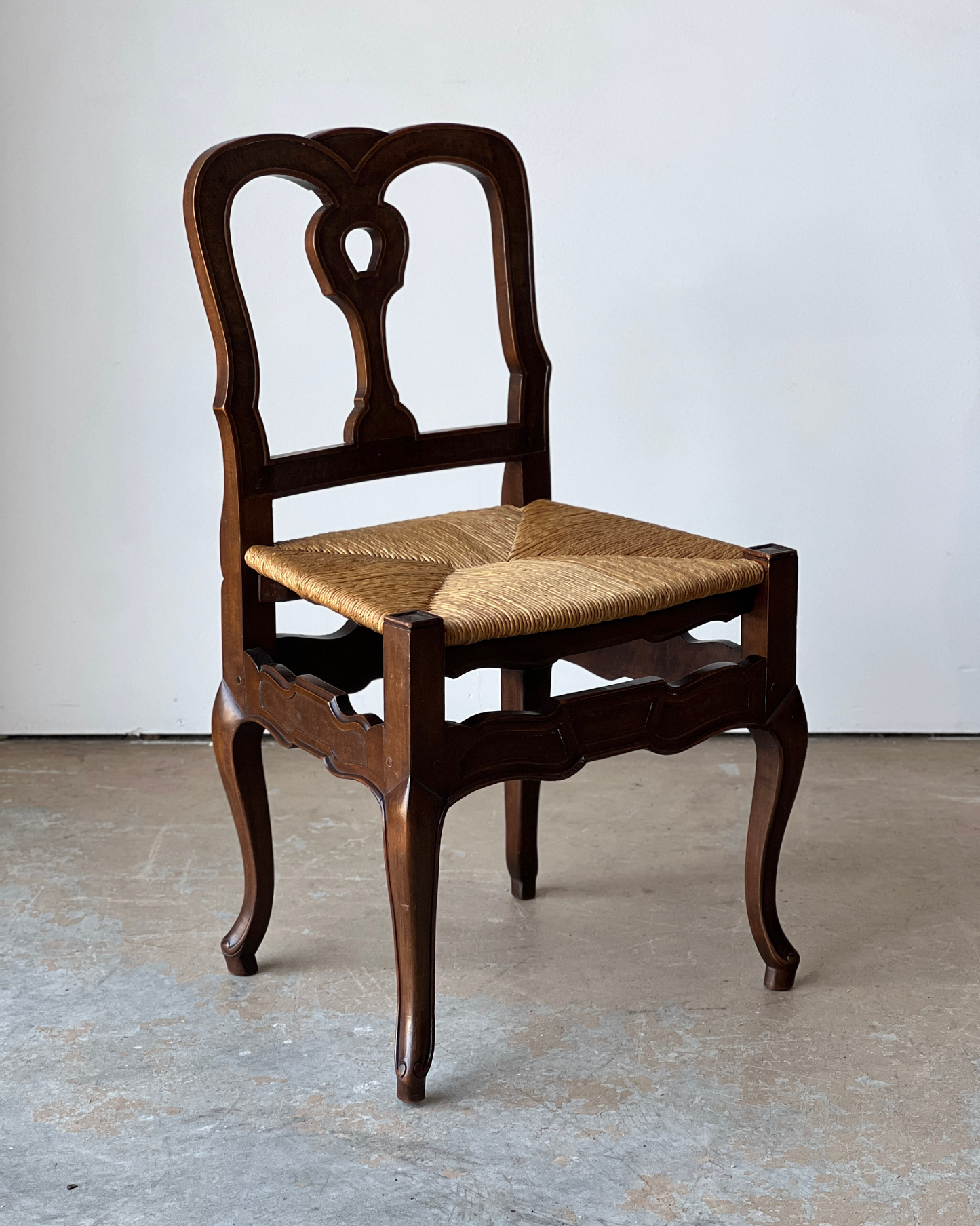 Set of 6 Vintage French Carved Wood Dining Chairs with Woven Rush Seats
