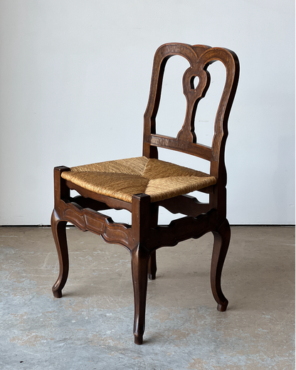 Set of 6 Vintage French Carved Wood Dining Chairs with Woven Rush Seats