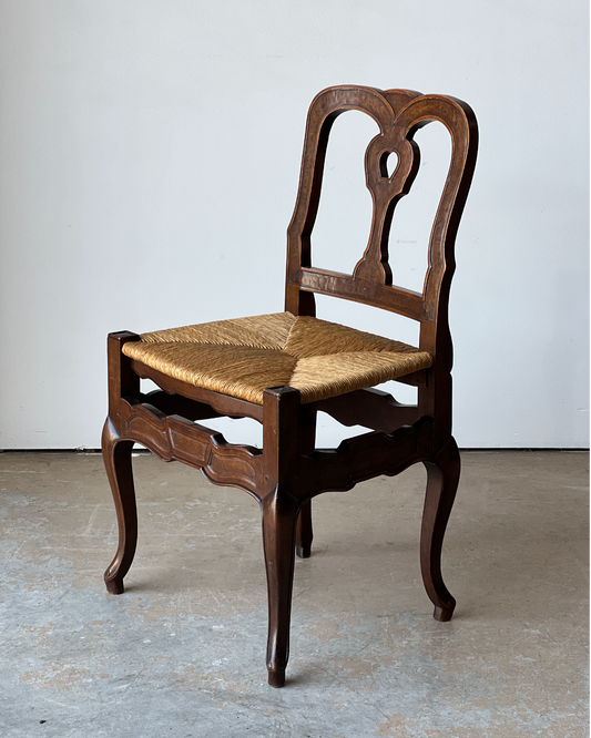 Set of 6 Vintage French Carved Wood Dining Chairs with Woven Rush Seats