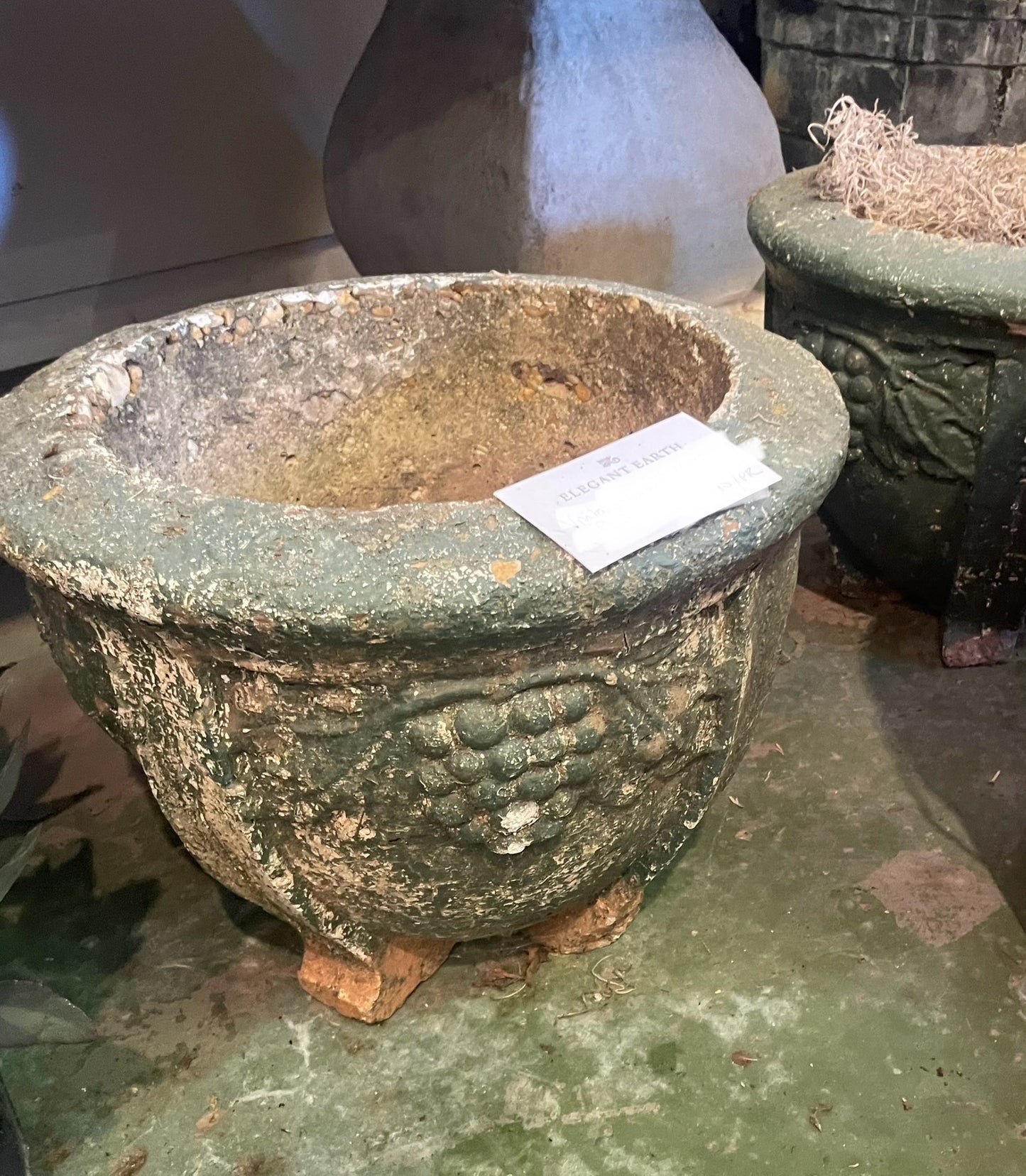 Vintage Grape Motif Concrete Footed Planter