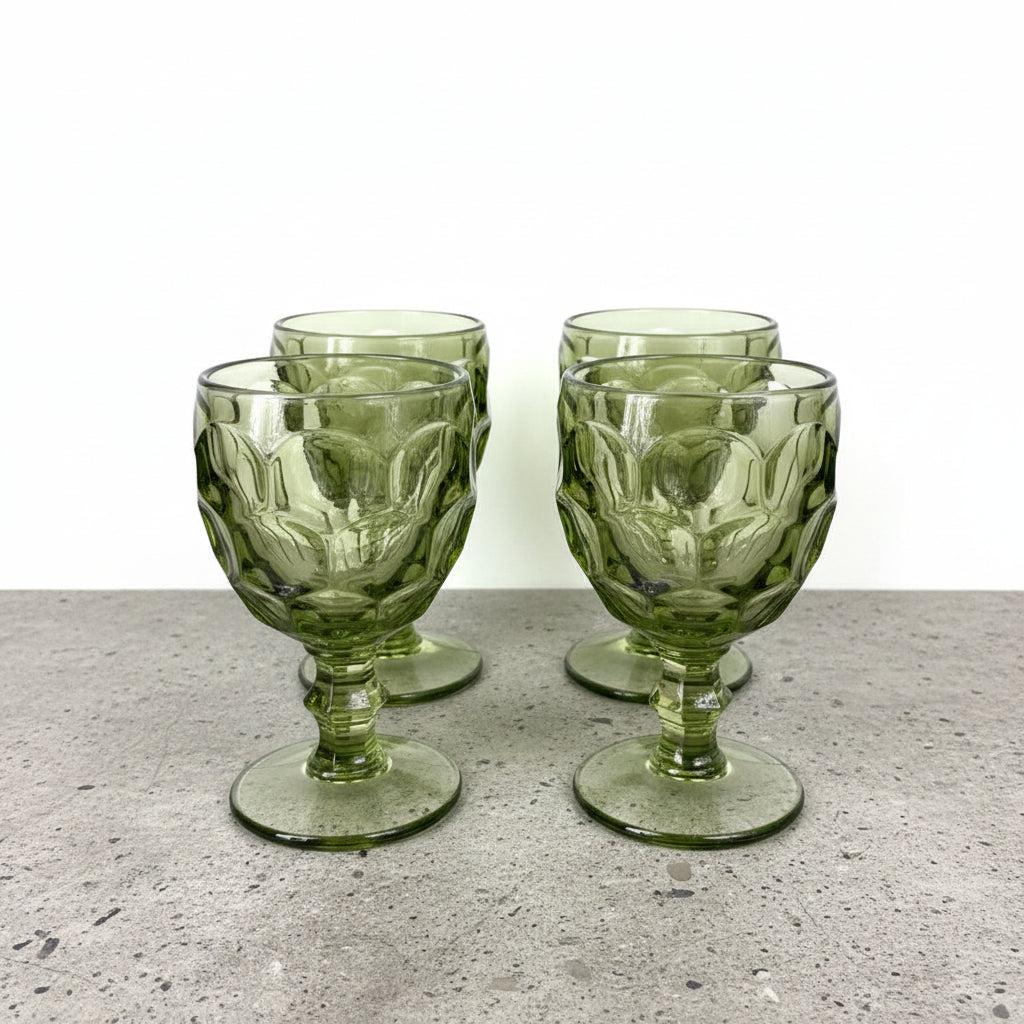 Curated by MFaith Glassware Set of 4 Vintage Reverse Dot Chalice Water Glasses Green