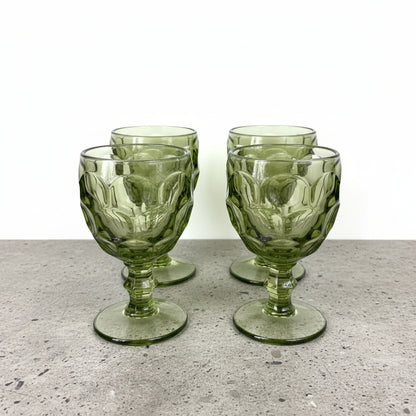 Curated by MFaith Glassware Set of 4 Vintage Reverse Dot Chalice Water Glasses Green